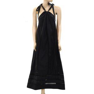 Ilio Nema Black Crochet Lace Maxi Dress Solid Cotton Tiered Resort XS NEW